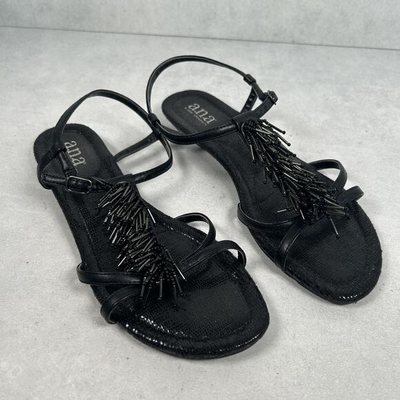 a.n.a Sandals Womens Size 8 Black Beaded Fringe Strappy Ankle Strap Flat Dressy - Picture 1 of 7